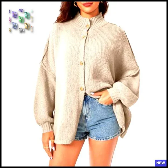 Oversized Chunky Knit Cardigan Lantern Sleeve Button Down Loose Fit Sweater Coat